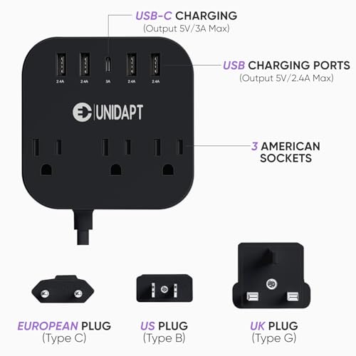 Image of European Plug Adapter, Unidapt US to UK Europe Power Strip for EU /UK /US with USB C and 4 USB Ports, 3 AC Outlets, Wall Mountable, 5ft Extension Cord, for Travel Cruise Ship Home (Black)