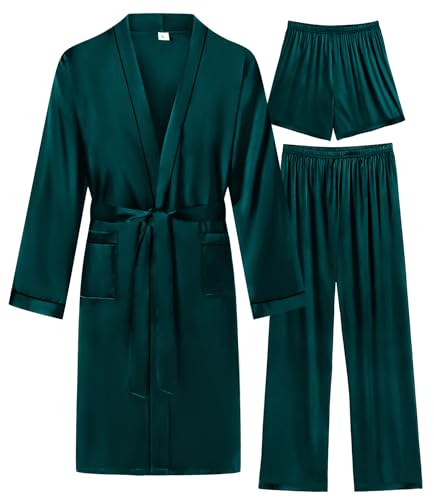 Image of SWOMOG Mens 3 PCS Satin Robe with Pants & Shorts Set Kimono Bathrobe Long Sleeve Sleepwear Pjs Sets with Pockets
