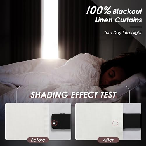 Image of Ivory Linen 100% Black Out Curtains 108 Inches Long 2 Panels Set for Bedroom Boho Farmhouse Back Tab Thermal Insulated Energy Efficient Room Darkening Curtains Living Room High Ceiling Length 9 FT