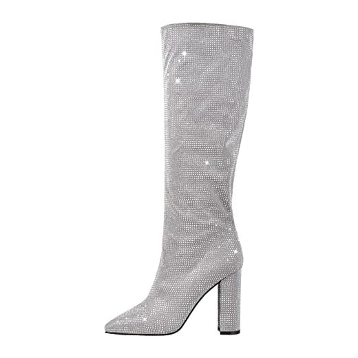 onlymaker Sequin Pointed Toe Boots for Women Glitter Knee High Boots Sparkly Booties Silver Size 7