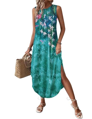 Image of Zeagoo Women Floral Summer Casual Beach Printed Tank Dress with Pockets Pleated Front Long Dress