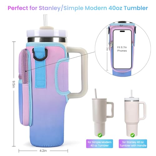 Image of HASTHIP Water Bottle Carrier Bag for Stanley 40 /30 oz Tumbler with Phone Pocket Water Bottle Holder with Strap Neoprene Water Bottle Pouch for Stanley Cup Accessories (Gradient Purple)