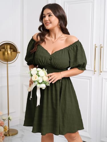 Image of SCOMCHIC Womens Plus Size Summer Dresses Casual Sun Dress Sweetheart V Neck Puff Short Sleeve Smocked A Line Mini Dress