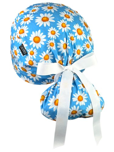 Image of Scrub Cap for Women and Men, Ponytail Scrub Caps, Working Hat, Head Cover with Ribbon Ties and Buttons, Long Hair