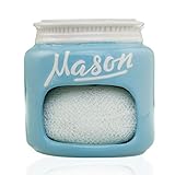Blue Mason Jars Ceramic Sponge Holder for Kitchen Sink Organizer - Mason Jar Decor Farmhouse Sink Caddy Sponge Holder w/ Non Scratch Scrubber - Home & Kitchen Decor for Cute Soap Dish Scrubber Holder