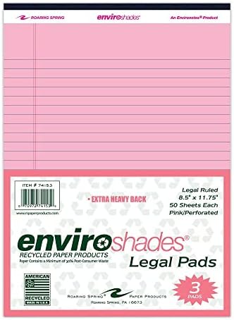 ROARING SPRING Enviroshades Recycled Legal Pads, 3 Pack, 8.5" x 11.75" 50 Sheets, Pink