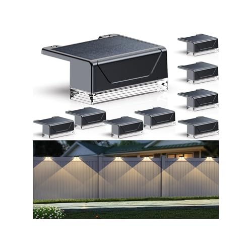 Solar Fence Lights Outdoor - 3000/4000/6000K 3 Mode, IP65 Waterproof Fence Lights Solar Powered, Dusk to Dawn Solar Light for Outside, Backyard/Step/Patio/Deck/Stair Railings and Wall (8 pack)