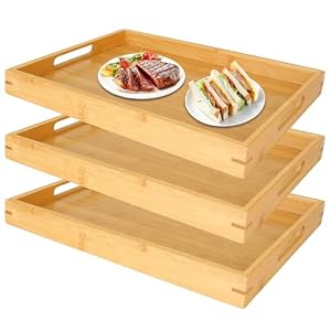 3 Stück Bambus Serviertablett mit Griffen, 35 x 25 x 3 cm Holz Tablett Küchentablett, Holztablett Servierplatte, Rechteckig Frühstückstablett für Frühstück, Getränke und Küchen Deko