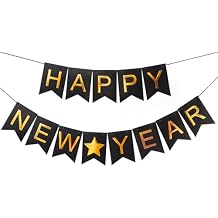 Happy New Years Decorations Banner 2026, Black Gold Nye New Years Eve Party Supplies for NYE Decorations Photo Props for Home Wall Fireplace Mantel Fireplace