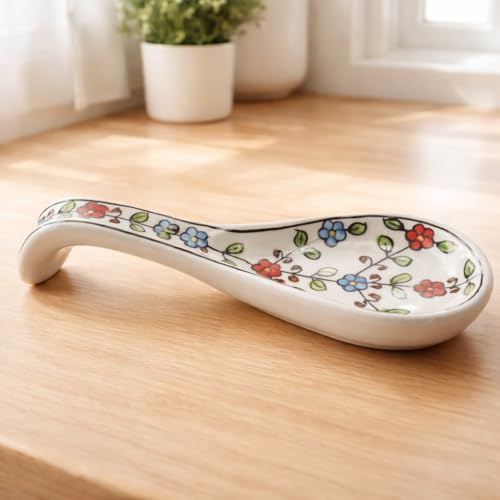 Image of Handcrafted Floral Ceramic Spoon Rest, Kitchen Counter Spoon Holder for Cooking Utensils, Ladle & Spatula Rest, Heat Resistant Kitchen Accessory | Spoon Rest for Kitchen & Dining