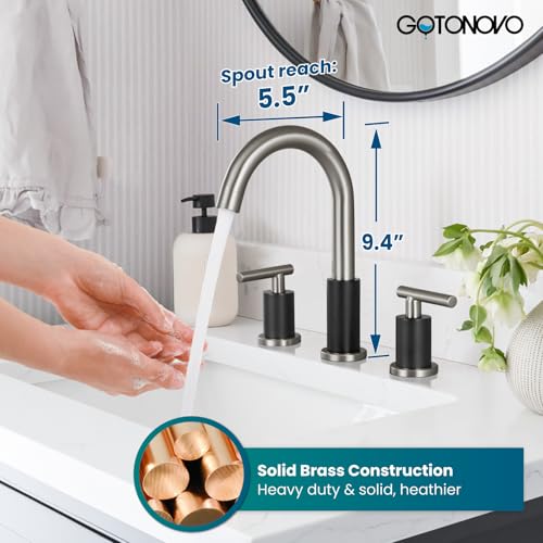gotonovo 3 Hole 2 Handles Lavatory Basin Bathroom Sink Faucet with Pop Up Drain with Hot and Cold Mixer Valves 8 Inch Widespread Bathroom Faucet Black & Brushed Nickel by gotonovo - Used condition - Image 5