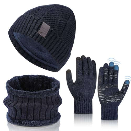 TAGVO Gorro y Bufanda Guantes Set Invierno Hombre Mujer, 3 en 1 Set de Punto Sombreros Beanie de Cálidos Bufanda Cuello y Guantes Pantalla Táctiles para Esquí Excursionismo Ciclismo Regalos