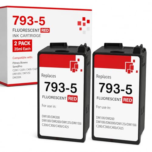 Compatible 793-5 Red Ink Cartridge 2 Pack for Pitney Bowes SendPro C200 C300 C400 C425, DM100i DM125i DM200L Postage Meter Ink, 35ml High Yield Replacement 793-5 Ink, Compliant Fluorescent Red