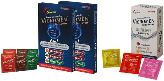 - Vigromen Bullet Condoms by Novita – Premium Latex | Combo Pack (6in1, Ultra Thin, Super Dotted) | Assorted Flavours & Textures | Safe & Comfortable (Pack Of 2, 6in1 + Ultra Thin)