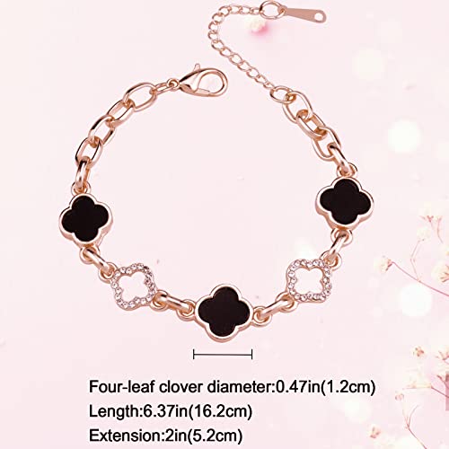 Riuziyi Lucky Clover Bracelet, Adjustable Four Leaf Charm Bracelet Link Metal Cute Jewelry Rhinestone Clover Chain Bracelet For Women Girls Mother's Day Christmas Gift (Black) #TOP1