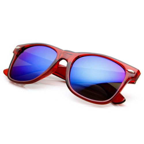 zeroUV Retro Bright Horn Rimmed Sunglasses with Colorful Mirrored Lenses - UV400 (Clear Red/Ice)
