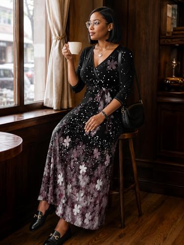 Image of PinkPatty Plus Size Maxi Dresses for Women Casual Flowy Long Dress 3 /4 Sleeve V Neck Wrap Dress with Belt