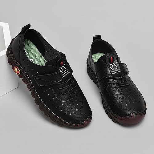 Image of Women's Hollow Beef Tendon Soft Bottom Slip-on Flat Loafers,Fashion Hand Sewing Non-Slip Oxford Breathable Orthotic 4D Pain Relief Comfy Walk Casual Shoes