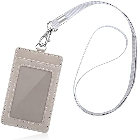 Arae Card Holder Vertical PU Leather Badge Holder with 1 Clear ID Card Window 1 Card Slot and 1 Neck Lanyard for Office/School ID Credit Card Driver License -Gray