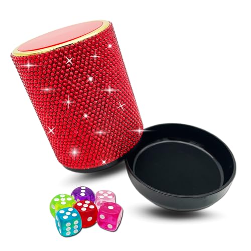 Bling Dice Cup Velvet Felt-Lined Quiet Shaker with Lid Includes 12 Dices Plastic Dice Cup Set for Bar Party Family Yahtzee Farkle Classic Dice Games (Red)