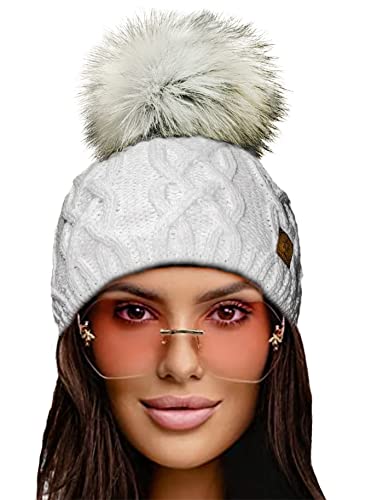 Image of 4sold Ladies Chunky Soft Cable Knit Handmade Woman Hat Cosy Fleece Liner and Bobble Faux Fur Pom pom (Debora White)