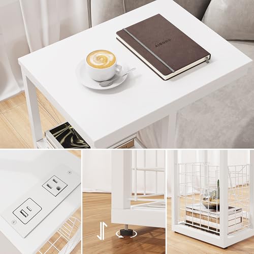 Vagusicc C Shaped End Table with Charging Station, Side Table for Couch, Small Side End Table for Small Spaces, 28\" High Slide Under Sofa Table for Coffee, Tv Tray Table for Living Room, White