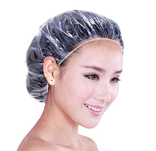BeeChamp 50pcs Disposable Clear Shower Caps, Food Grade PE Bowl Cover, Hair Treatment Bath Caps for Spa, Hair Salon Hotel Home Use