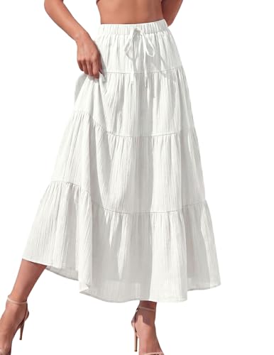 DERAX Womens Summer Boho Maxi Skirt Flowy Elastic High Waisted Flared Ruffle Spring Beach Vacation Casual A Line Long Skirts White A M