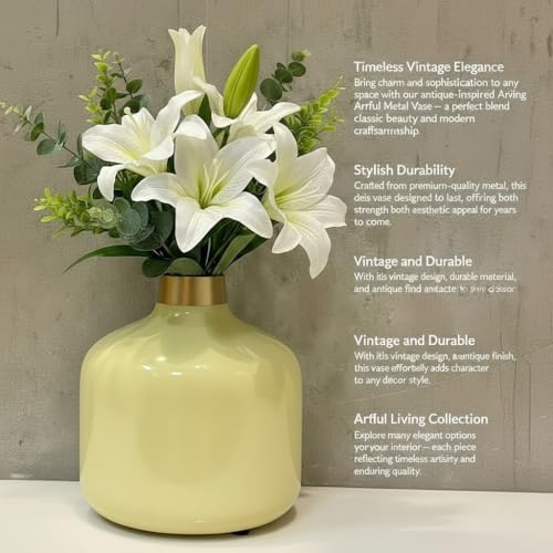 Image of Artful Living India - Round Metal Flower Vase | Round Vintage Vase for Living Room, Table, Office Decoration & Home Decor | Antique Decorative Metal Vase (Pastel Yellow)