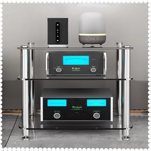 Sofa Tables Modern Wooden Console Table，Clear Tempered Glass AV Shelf 3Tier Audio Tower for DVD Players Gaming Consoles and Streaming Devices Media Stand with Stereo Storage Shelves AV Compo image 5