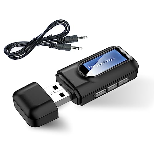 PAYFULLY Adaptador Bluetooth de audio 5.0, receptor transmisor inalámbrico 2 en 1, transmisor Bluetooth USB con cable de 3,5 mm para TV, estéreo y coche, baja latencia, distancia de 10 m, pantalla LCD