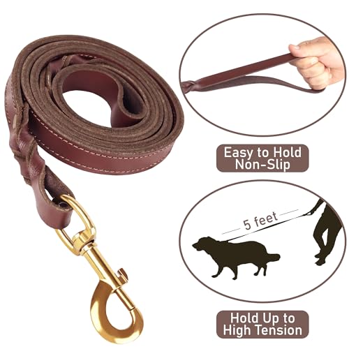 1,5 Meter Premium Leder Hundeleine und Halsband Set für stilvolle Hunde, weiches Lederhalsband und Starke doppelt geflochtene Leine, bequemes und sicheres Hundetraining, Spielen (Groß)