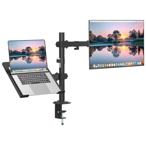 Image of Dyazo Dual Monitor Desk Mount with Laptop Tray | Fits 13-32 inch Monitors & 10-15.6 inch Laptops | Fully Adjustable Arms with Height Adjustment & 360 Rotation | Dual Mount with C-Clamp /Grommet Base (Black)