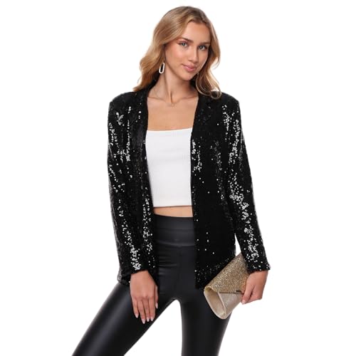 Women's Sequin Jacket Open Front Sparkly Blazer Jackets Casual Long Sleeve Party Glitter Cardigan Coat with Pockets3