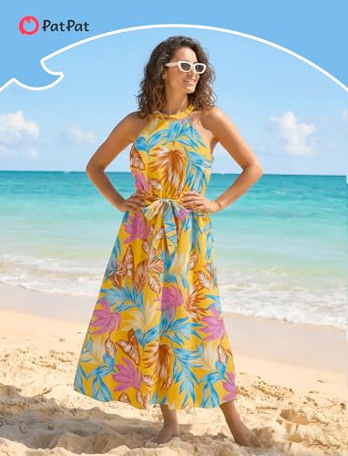Image of PATPAT Family Hawaiian Matching Outfits - Mommy and Me Vacation Outfits | Halter Sundresses and Button Down Shirts,Caribbean Vacation Summer Tropical Outfits,Hawaiian Boho Tropical Floral Printed