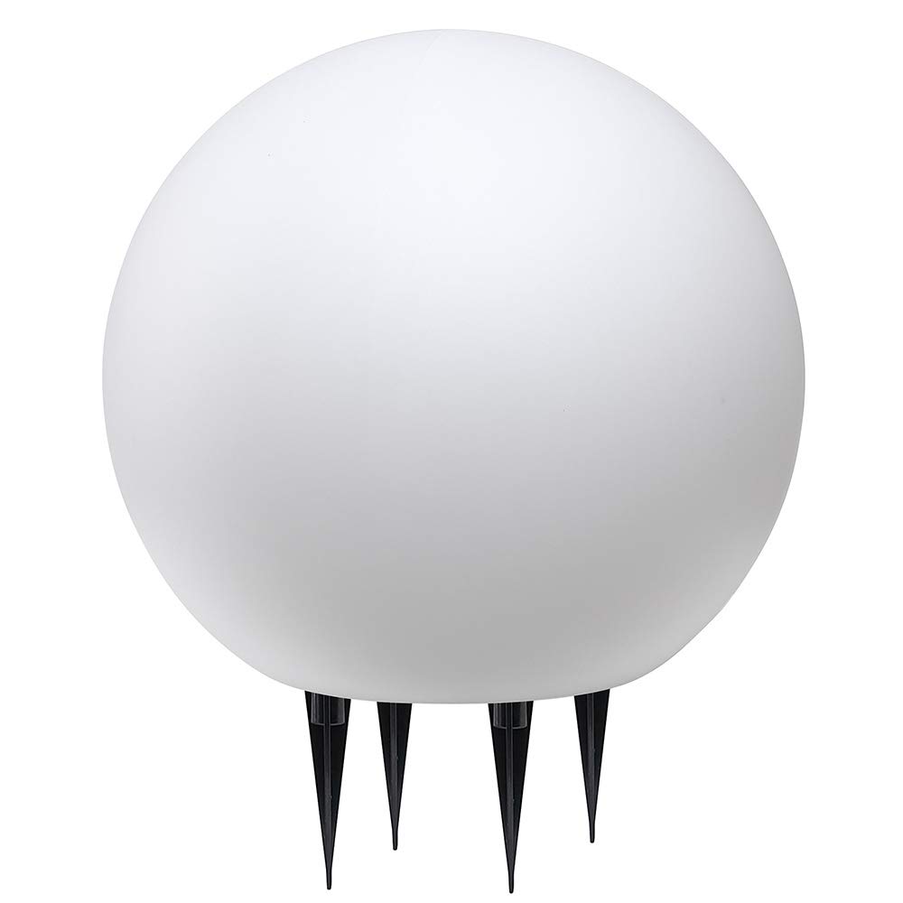 BAKAJI Lámpara de diseño esférica de jardín, diámetro 20 cm, luz iluminación exterior de suelo o mesa, casquillo E27, bombilla máx. 25 W, color blanco con piquetas de fijación al suelo