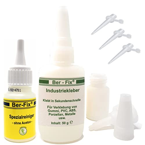 Ber-Fix® 50g Industriekleber - dünnflüssiger Schnellkleber |"mit der Nadel im Verschluß" | Extra starker Halt | Allzweckkleber für Industrieanwendung, Gewerbe sowie Haushalt mit Ber-Fix® Reiniger Cover