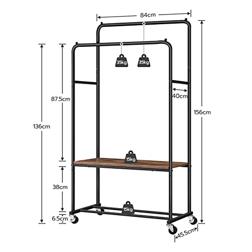 HOOBRO Kleiderständer auf Rollen, Schwerlast Kleiderstange, Garderobenständer mit 2 Kleiderstangen und Ablage, bis 100 kg Belastbarkeit, für Schlafzimmer, Flur, Dunkelbraun-Schwarz EBF22LY01