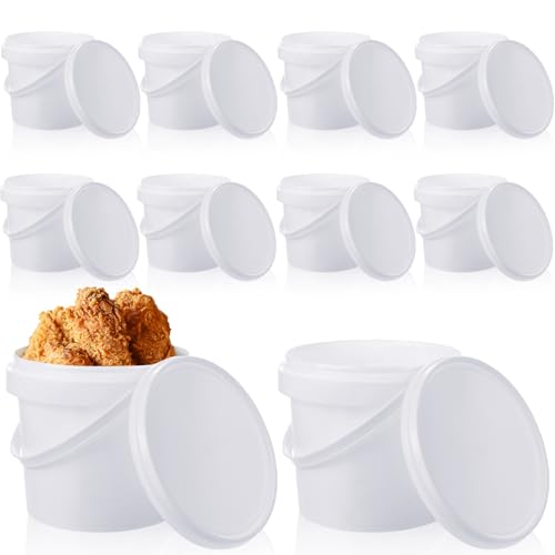 10 Packs Small Plastic Bucket Ice Cream Containers with Handle and Lids 1.5 Quart Deli Food Storage Bucket Container White Round Pail for Kitchen Garage Food Drinks Storage