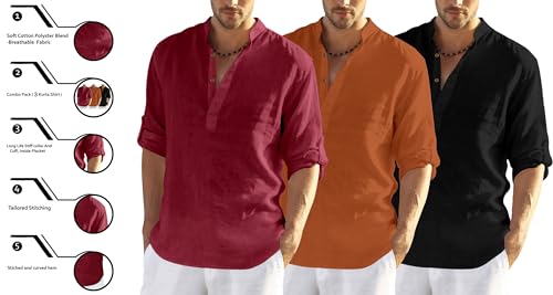 Image of Zombom Combo of Men's Solid Cotton Polyester Blend Full Sleeve Mandarin /Chinese Collor Straight Kurta Shirt (Pack of 3)