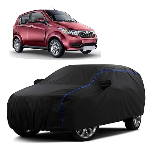 Image of Sulfar 100% Water Resistant Car Body Cover Compatible with Mirror for Mahindra e2o (Triple Stitched, Full Bottom Elastic, Black Tafetta with Blue Piping)