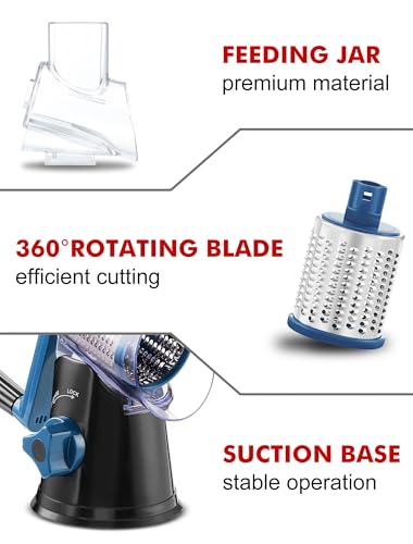 Image of Cheese Grater Rotary, Rotary Grater for Kitchen, Kitchen Vegetable Slicer with 3 Drum Blades, Fast Cutting Cheese Shredder for Vegetables and Nuts