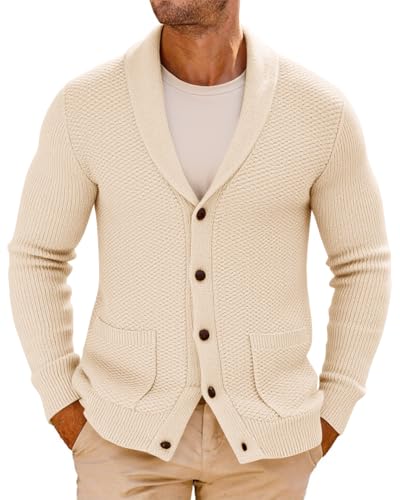 Runcati Mens Shawl Collar Cardigan Sweater Button Down Textured Knit Sweaters Casual Chunky Cardigan with Pockets