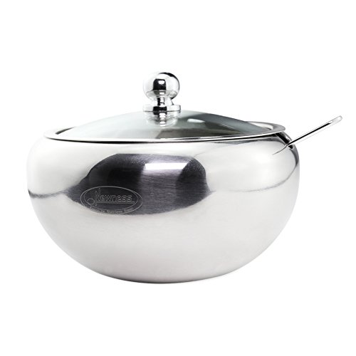 Newness Stainless Steel Sugar Bowl with Clear Lid(for Better Recognition) and Sugar Spoon for Home and Kitchen, Drum Shape, 15 Ounces(440 Milliliter)