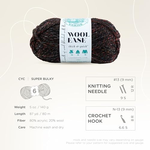 Image of Lion Brand Yarn Wool-Ease Thick & Quick Yarn, Soft and Bulky Yarn for Knitting, Crocheting, and Crafting, 1 Skein, Blackstone | Super Bulky Wool Acrylic Blend Fiber for Soft Hats, Sweaters, Chunky Blankets, Yarn for Crochet, Knitting, Crafts, Weaving