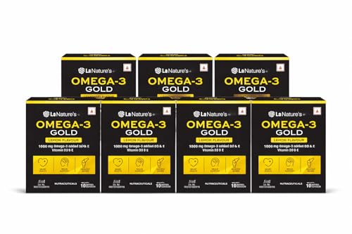 Image of La Nature's Omega-3 Gold 1000 mg Fish Oil Capsules with Vitamin D3 & E | Heart, Brain & Bone Support | Lemon Flavour | 70 Softgel Capsules