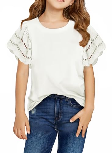 Girls Summer Shirts Crewneck Ruffled Short Sleeve Blouse Tops Size 6-15 Years