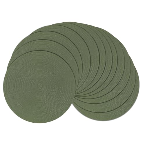 Image of SHACOS Round Placemats Set of 12 Washable 15 inch Round Table Mats Cotton Polyester Woven Braided Place Mats for Dining Table Wedding Party Decor (Olive Green, 12)