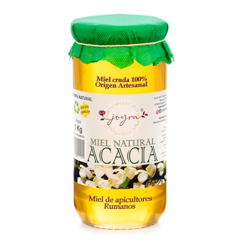 Miel Cruda, 100% MIel Pura de Abeja. Natural y Artesanal. Variedad de sabores de APICULTURA RUMANA. Sin Pasteurizar, conservan Polen, Enzimas y Antioxidantes. (1 KG, Miel de Acacia)