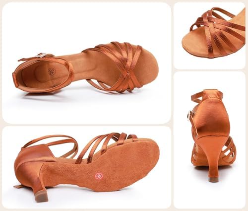Rosefinch Latin Dance Shoes for Womens Satin Ballroom Salsa Practice Performance Wedding Dancing Shoes High Heels Dancing Shoes for Girls Ladies 7cm Brown 37 - 3